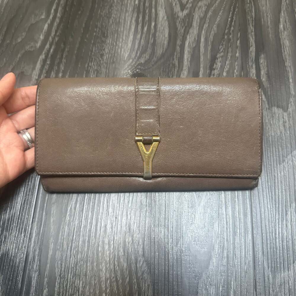 Vintage Yves Saint Laurent Brown Leather Y-Ligne Flap Long Continental Wallet